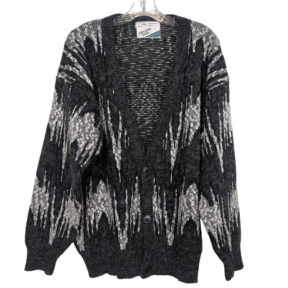 Vintage Uniform Code Cardigan Sweater Sz L Black White Abstract Knit wool nylon